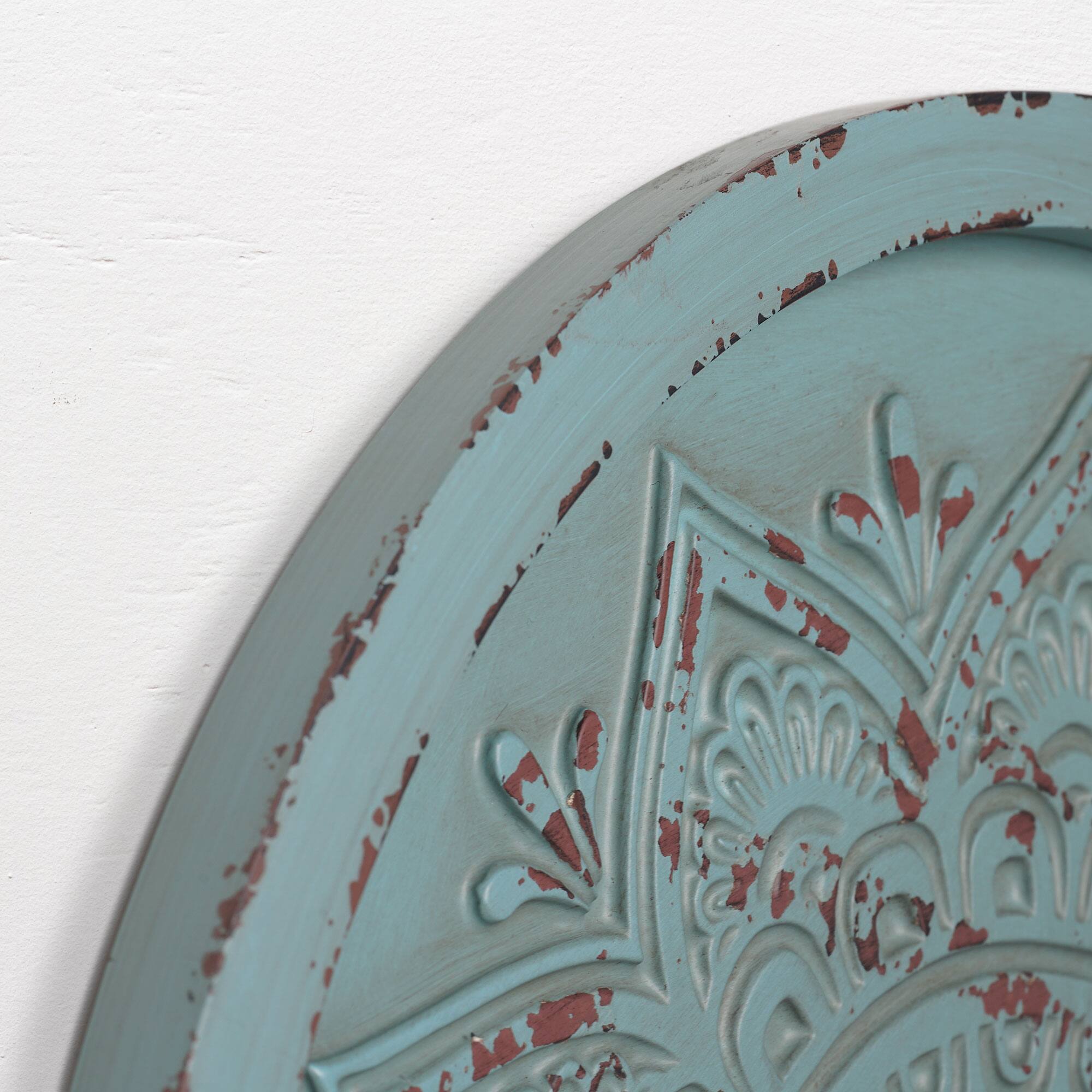 American Art Decor™ 17" Distressed Turquoise Boho Rustic Farmhouse Wood Framed Wall Medallion